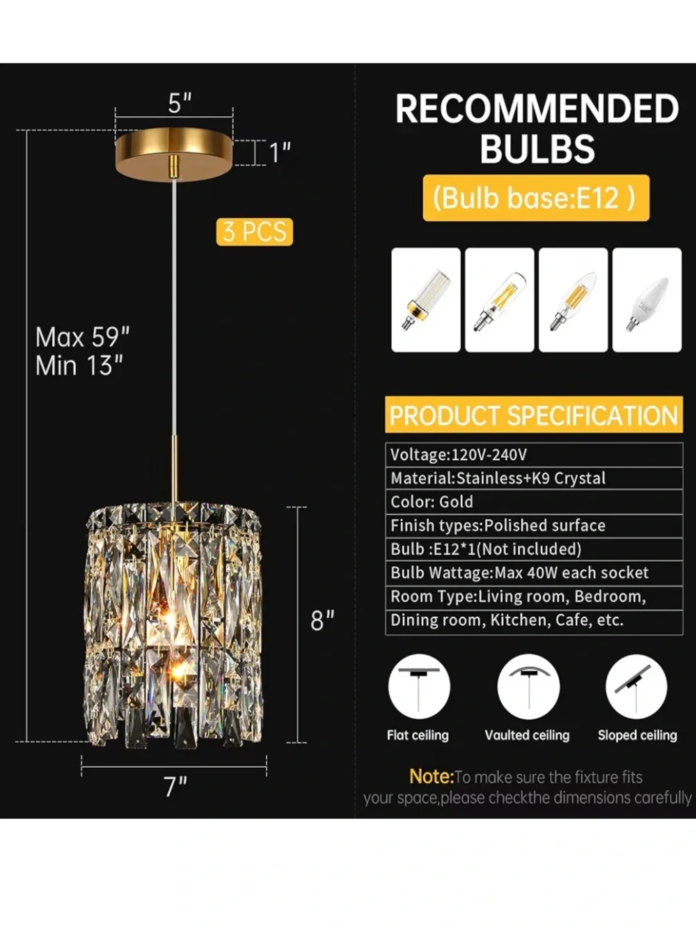 NIB Modern K9 Gold Crystal Pendant Lights Fixtures Kitchen Island Set of 3